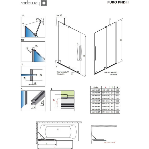 Шторка для ванны Radaway Furo Gold PND II 180 см 10109938-09-01L (стекло 8 мм), золото/прозрачное - фото 4