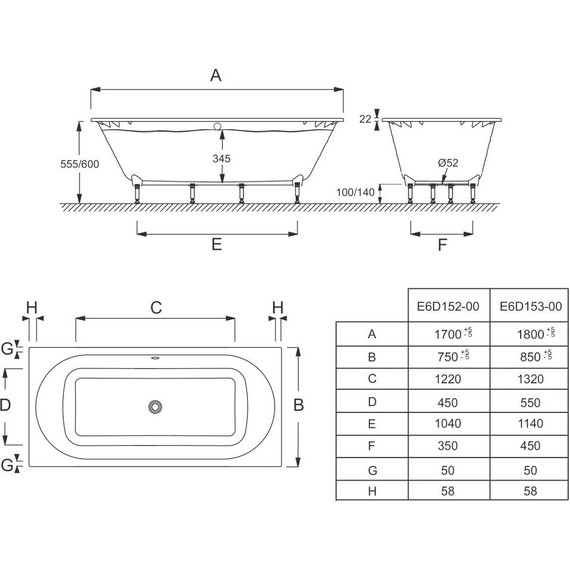 Ванна акриловая Jacob Delafon Odeon Rive Gauche 180х85 см E6D153-00 с ножками, Размер - мм: 1800х850 - фото 4