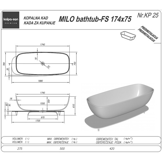 Ванна отдельностоящая Kolpa-San Milo FS 174x75 см, белый/черный - фото 3