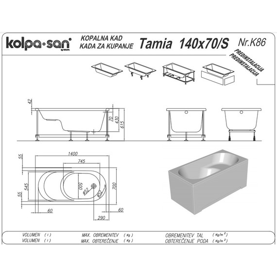 Ванна акриловая сидячая Kolpa-San Tamia S 140x70 см (в комплекте: каркас и слив-перелив) - фото 2