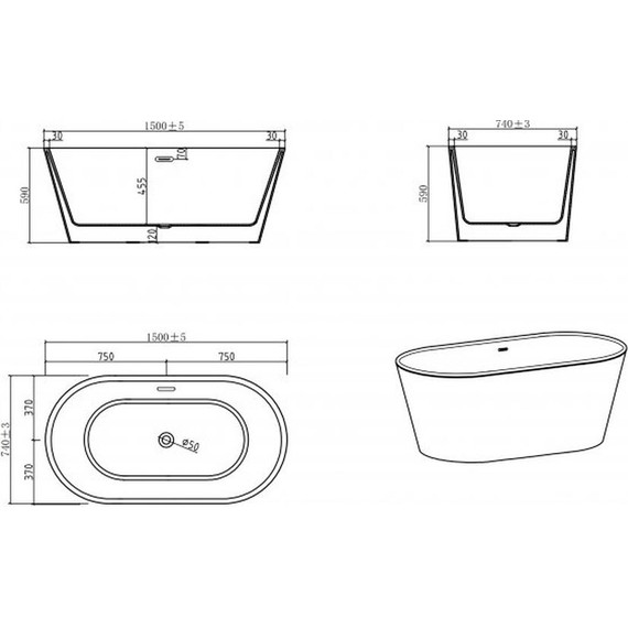 Ванна отдельностоящая BelBagno BB202-1500-750 150х75 см, Размер - мм: 1500х750 - фото 3