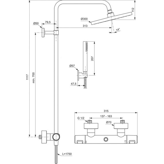 Душевая стойка с термостатом Ideal Standard Ceratherm T25 BC748XG, черный матовый - фото 2