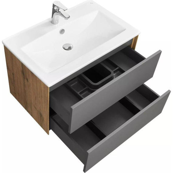 Тумба подвесная с раковиной Акватон Сохо 75 см 1A258101AJA00, графит/дуб веллингтон - фото 6