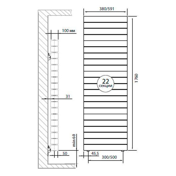 Вертикальный радиатор Royal Thermo Piano Forte Tower Bianco Traffico 590х1760 мм (22 секции) - фото 3