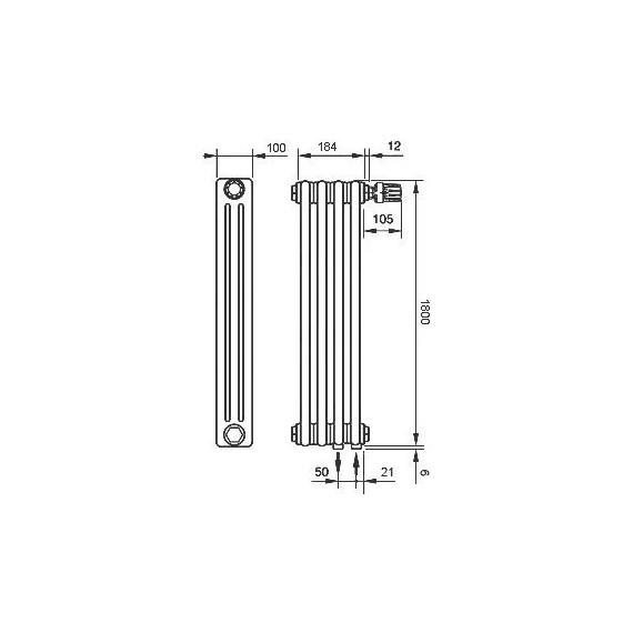 Вертикальный радиатор Zehnder Charleston 3180 210х1800 мм (4 секции) нижнее подключение - фото 5