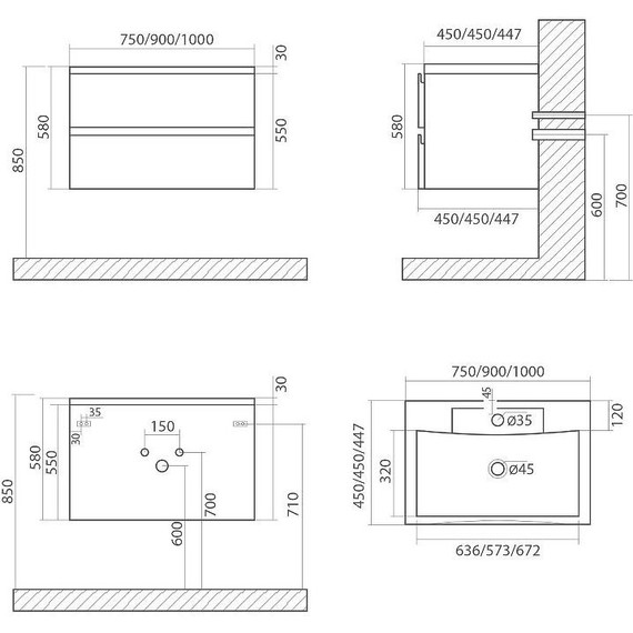 Тумба подвесная с раковиной Art&Max AM-Bianchi-750-2C-SO-GM 75 см, серый матовый, Цвет фасада: серый - фото 6