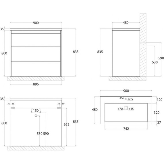 Тумба напольная с раковиной Art&Max FAMILY-900-3C-PIA-BL 90 см, белый глянец - фото 5
