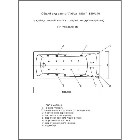 Ванна гидромассажная Aquatek Либра New 170x70 см модель 2 - фото 3
