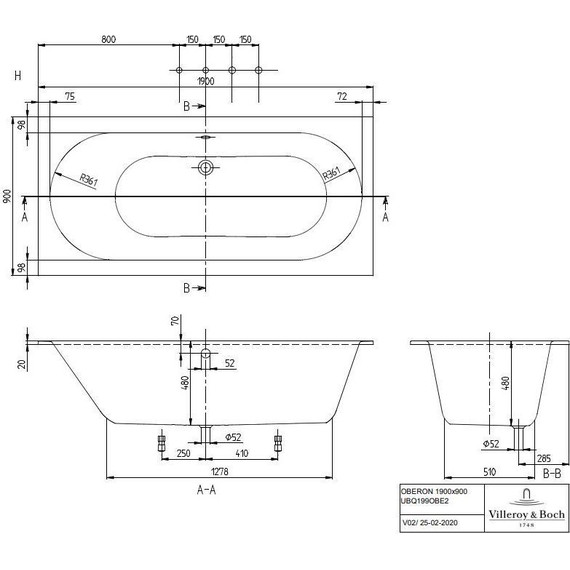 Ванна квариловая Villeroy&Boch Oberon Duo 190x90 см UBQ199OBE2V-01 с ножками - фото 2