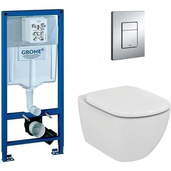 Инсталляция с подвесным унитазом комплект: Grohe Rapid SL 38772001 с подвесным безободковым унитазом Ideal Standard Tesi AquaBlade T007901 сиденье микролифт, крепление, кнопка смыва хром, Цвет производителя: белый - фото 