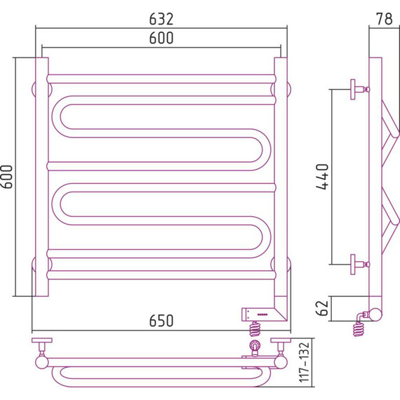 Полотенцесушитель электрический Сунержа Элегия 2.0 П8 600x600 мм 00-5219-6060 R - фото 5