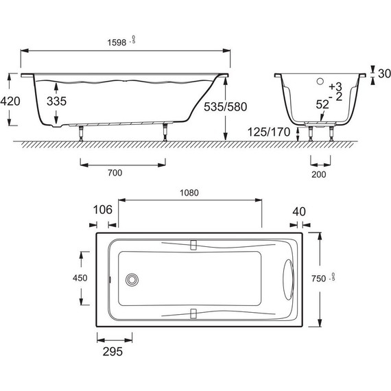 Ванна акриловая Jacob Delafon Odeon Up 160x75 см E6057RU-00, Размер - мм: 1600х750 - фото 9