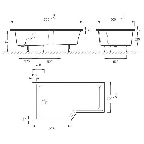 Ванна акриловая Jacob Delafon Bain Douche Neo 170х90 см L E6D002L-00 с ножками, Размер - мм: 1700х900 - фото 6
