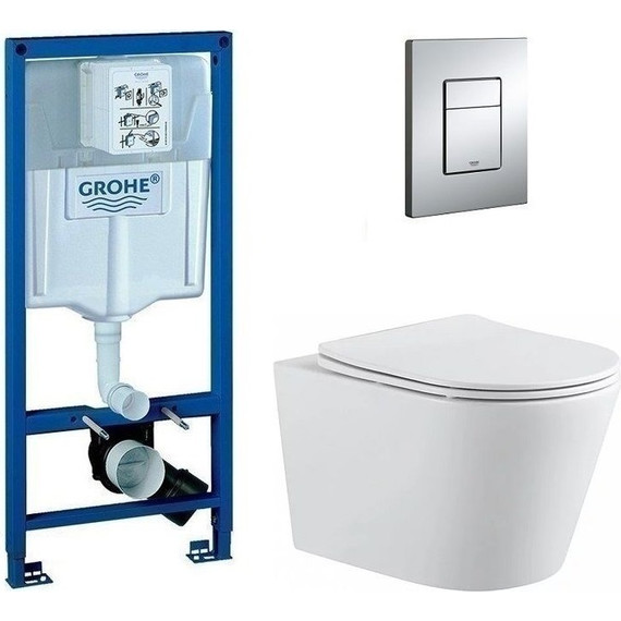 Инсталляция с подвесным унитазом комплект: Grohe Rapid SL 38772001 с подвесным унитазом Aquanet Rimless Atago 2.0 W LX-1905 сиденье микролифт, крепление, кнопка смыва хром - фото 