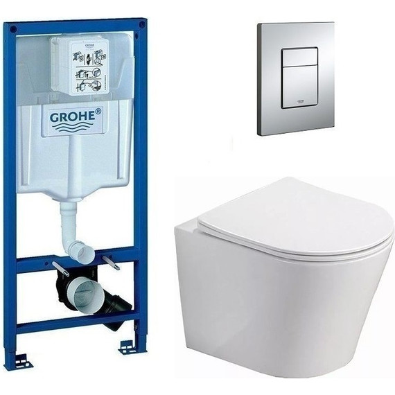 Инсталляция с подвесным унитазом комплект: Grohe Rapid SL 38772001 с подвесным безободковым унитазом Azario Teramo AZ-0053 SP сиденье микролифт, крепление, кнопка смыва хром - фото 