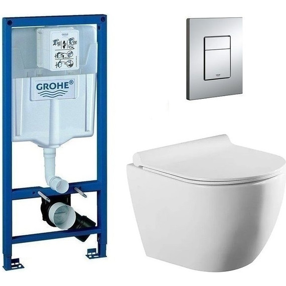 Инсталляция с подвесным унитазом комплект: Grohe Rapid SL 38772001 с подвесным безободковым унитазом Azario Geno AZ2196D сиденье микролифт, крепление, кнопка смыва хром - фото 