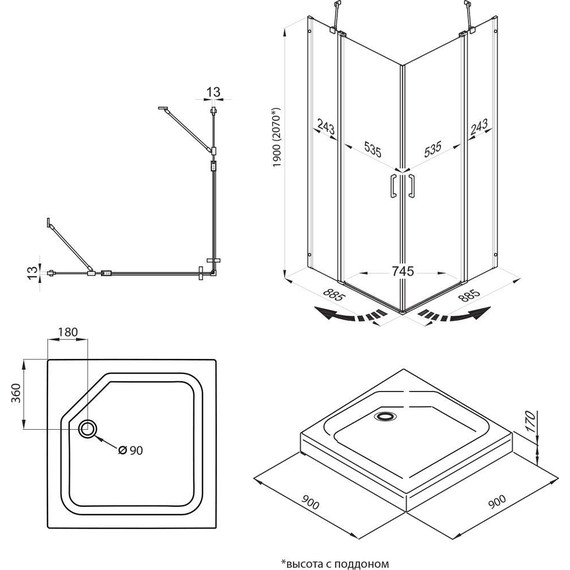 Душевое ограждение Triton Тау 90x90 см, чёрный/прозрачное - фото 8
