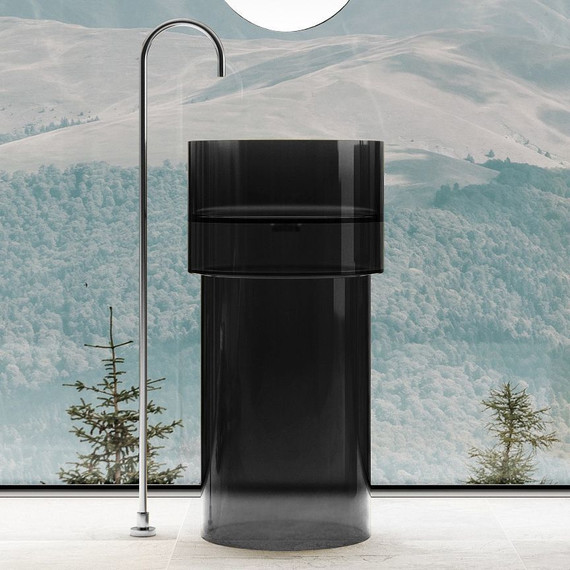 Раковина напольная прозрачная Abber Kristall 45 см AT2701Onyx-H с техническим отверстием для монтажа у стены, черный - фото 