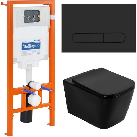 Инсталляция с подвесным безободковым унитазом BelBagno Ardente-C BB3202CHR-MB/BB3202SC-MB/BB002-80/BB007-PR-NERO.M (кнопка смыва Sfera, черный матовый) - фото 