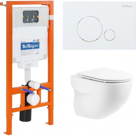 Инсталляция с подвесным безободковым унитазом BelBagno Onda BB066CHR/BB870SC/BB002-80/BB014-SR-BIANCO (кнопка смыва Sfera, белый) - фото 