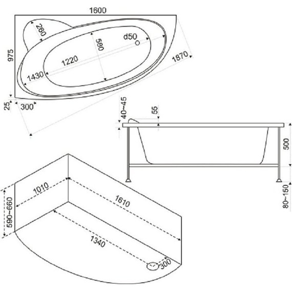 Ванна акриловая 160*100 Bas Сагра R правая на усиленном каркасе - фото 5