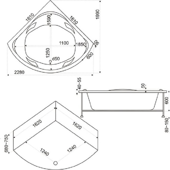 Ванна акриловая 161*161 Bas РИВЬЕРА - фото 6