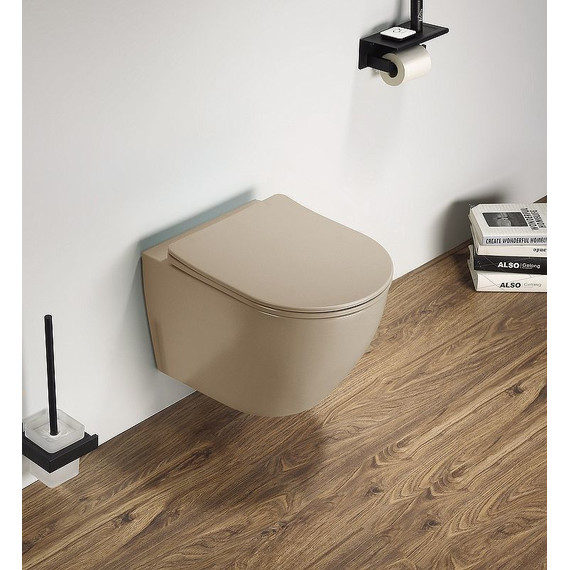 Унитаз подвесной CeramaLux Rimless 2197MC с крышкой микролифт, капучино матовый, Цвет производителя: коричневый - фото 2