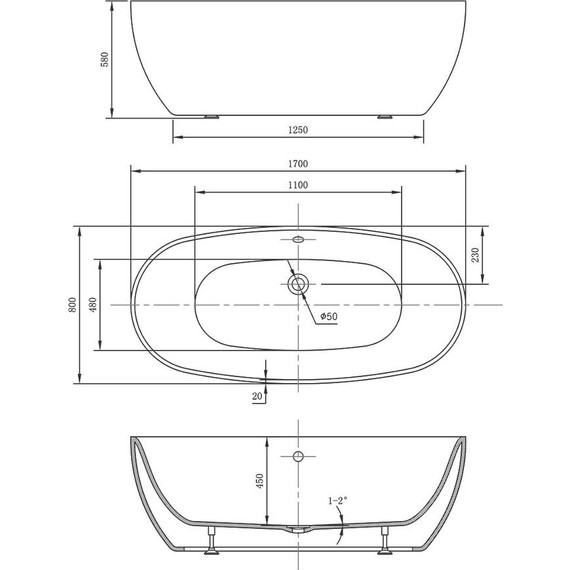 Ванна отдельностоящая Vincea 170x80 см VBT-405-1700MW, белый матовый - фото 4