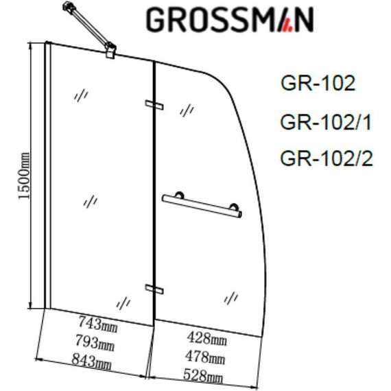 Шторка для ванны Grossman 1100х1500 мм GR-102/2, хром/прозрачное - фото 3