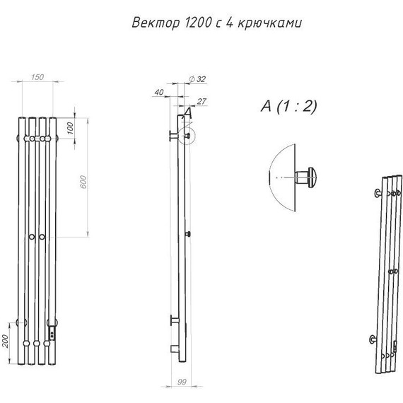 Полотенцесушитель электрический Тругор Пэк сп Вектор П4 150х1200 мм (подключение справа) 00-00043622, чёрный - фото 3