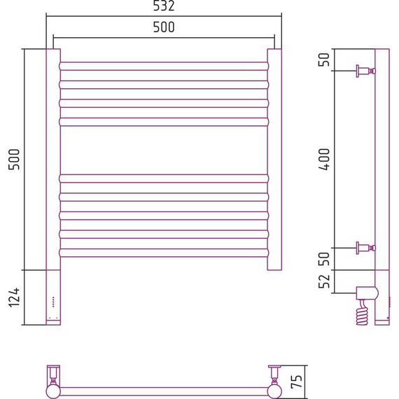 Полотенцесушитель электрический Сунержа Богема 3.0 П9 500x500 мм (прямая перемычка) 071-5804-5050 L, сатин - фото 5