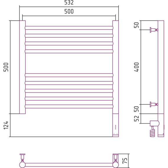 Полотенцесушитель электрический Сунержа Богема 3.0 П9 500x500 мм (прямая перемычка) 31-5805-5050 R, чёрный матовый - фото 5