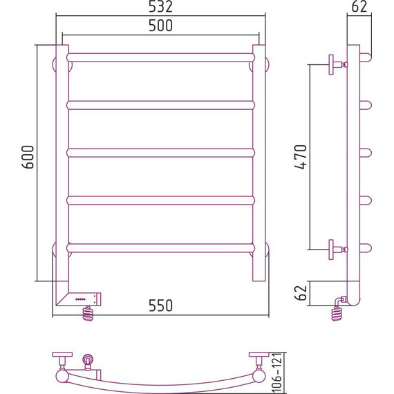 Полотенцесушитель электрический Сунержа Галант 2.0 П5 600x500 мм 31-5200-6050 L, чёрный матовый - фото 5