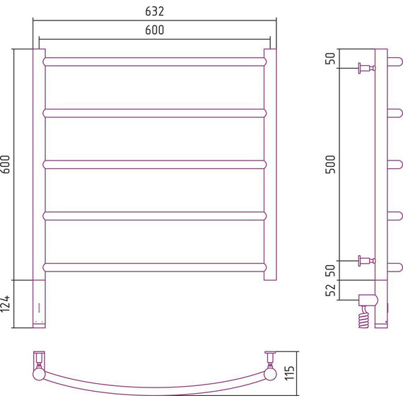 Полотенцесушитель электрический Сунержа Галант 3.0 П5 600x600 мм 31-5800-6060 L, чёрный матовый - фото 5