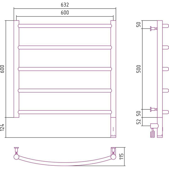 Полотенцесушитель электрический Сунержа Галант 3.0 П5 600x600 мм 31-5801-6060 R, чёрный матовый - фото 5