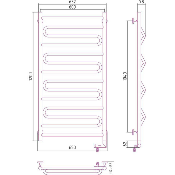 Полотенцесушитель электрический Сунержа Элегия 2.0 П14 1200x600 мм 31-5219-1260 R, чёрный матовый - фото 5