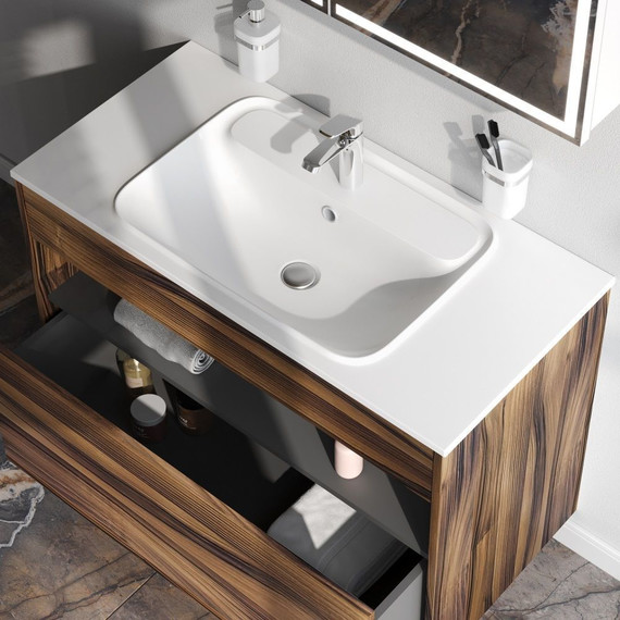 Тумба подвесная с раковиной Am.Pm Func 100 см M8FFUX1001OF, дуб крафт, Цвет фасада: тёмное дерево - фото 3