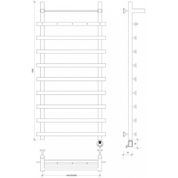 Полотенцесушитель электрический Secado Понтида 1 КСП с полкой П10 400x1200 мм (возможность скрытого подключения) - фото 4