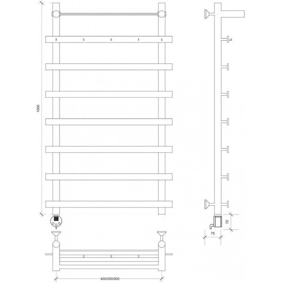 Полотенцесушитель электрический Secado Понтида 1 КСП с полкой П8 400x1000 мм (возможность скрытого подключения) - фото 3