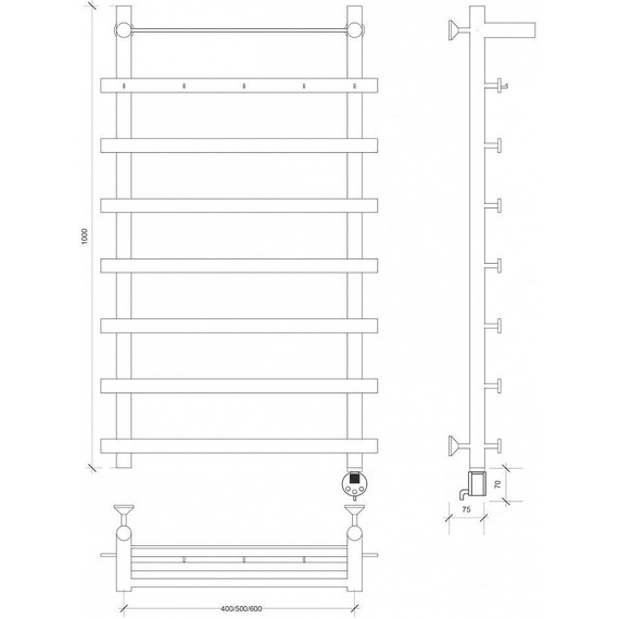 Полотенцесушитель электрический Secado Понтида 1 КСП с полкой П8 400x1000 мм (возможность скрытого подключения) - фото 4