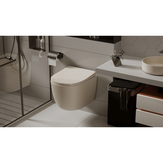 Унитаз подвесной безободковый Abber Bequem AC1101MBE с крышкой микролифт, бежевый матовый, Цвет производителя: бежевый - фото 3