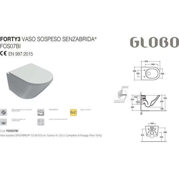 Унитаз подвесной безободковый Globo Forty3 FOS07.BI - фото 2