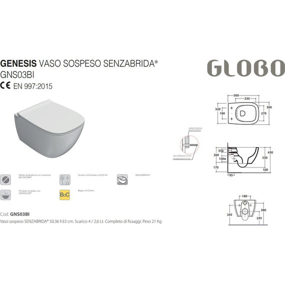 Унитаз подвесной безободковый Globo Genesis GNS03.BI - фото 2