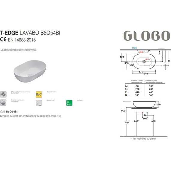 Раковина-чаша Globo T-Edge 54 см B6O54.AR, чёрный матовый - фото 2