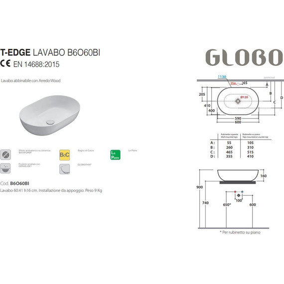 Раковина-чаша Globo T-Edge 60 см B6O60.SK, smoke - фото 2
