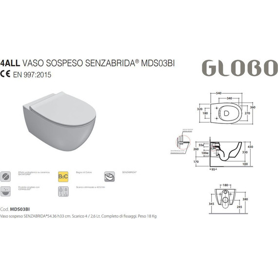 Унитаз подвесной безободковый Globo 4all MDS03.BO - фото 3