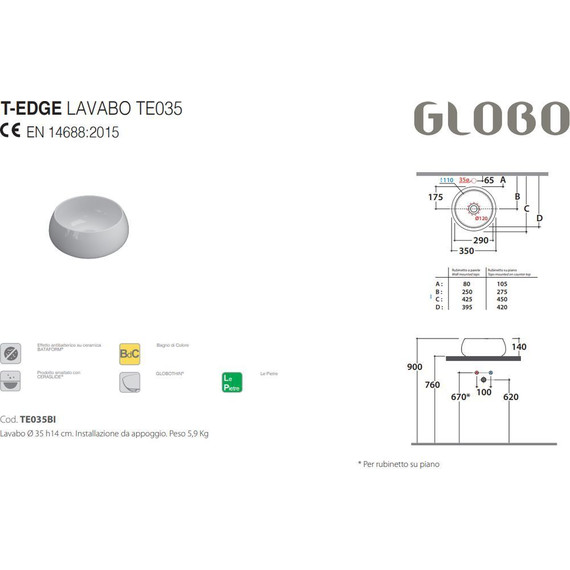 Раковина-чаша Globo T-Edge 35 см TE035BI - фото 2