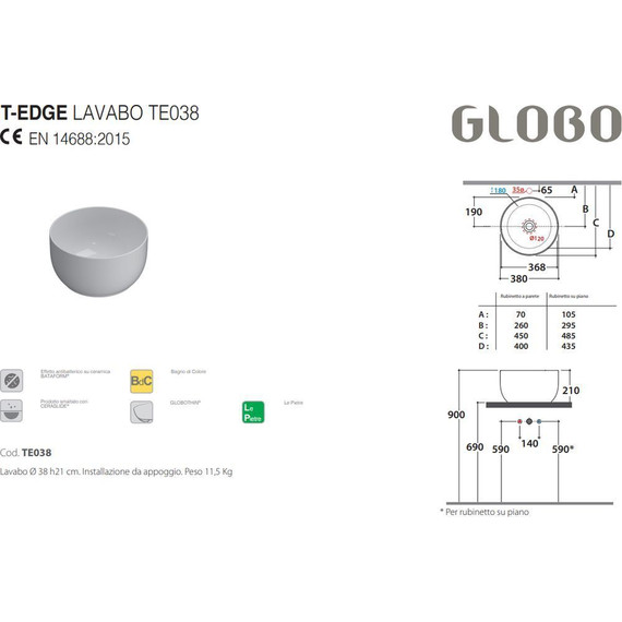 Раковина-чаша Globo T-Edge 38 см TE038.BI - фото 3