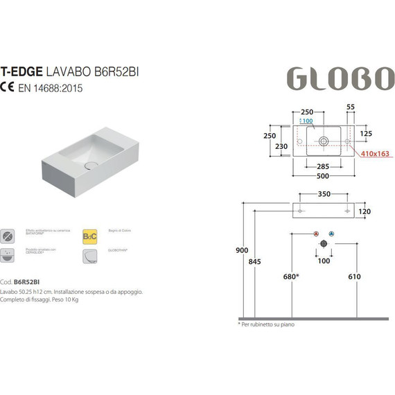 Раковина-чаша Globo T-Edge 50 см B6R52.BI - фото 2