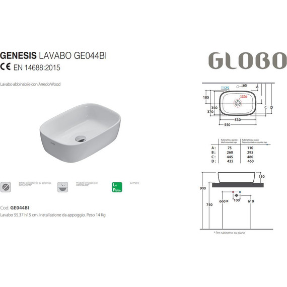 Раковина-чаша Globo Genesis 55 см GE044.BI - фото 3